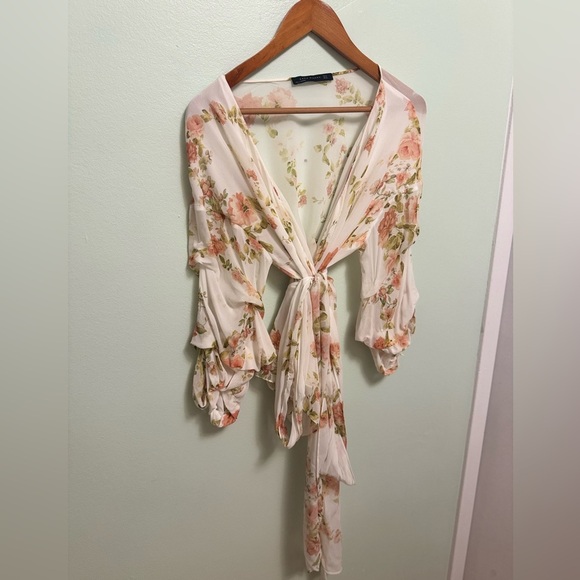 Zara Tops - Zara Cream Floral Tie-Front Blouse
